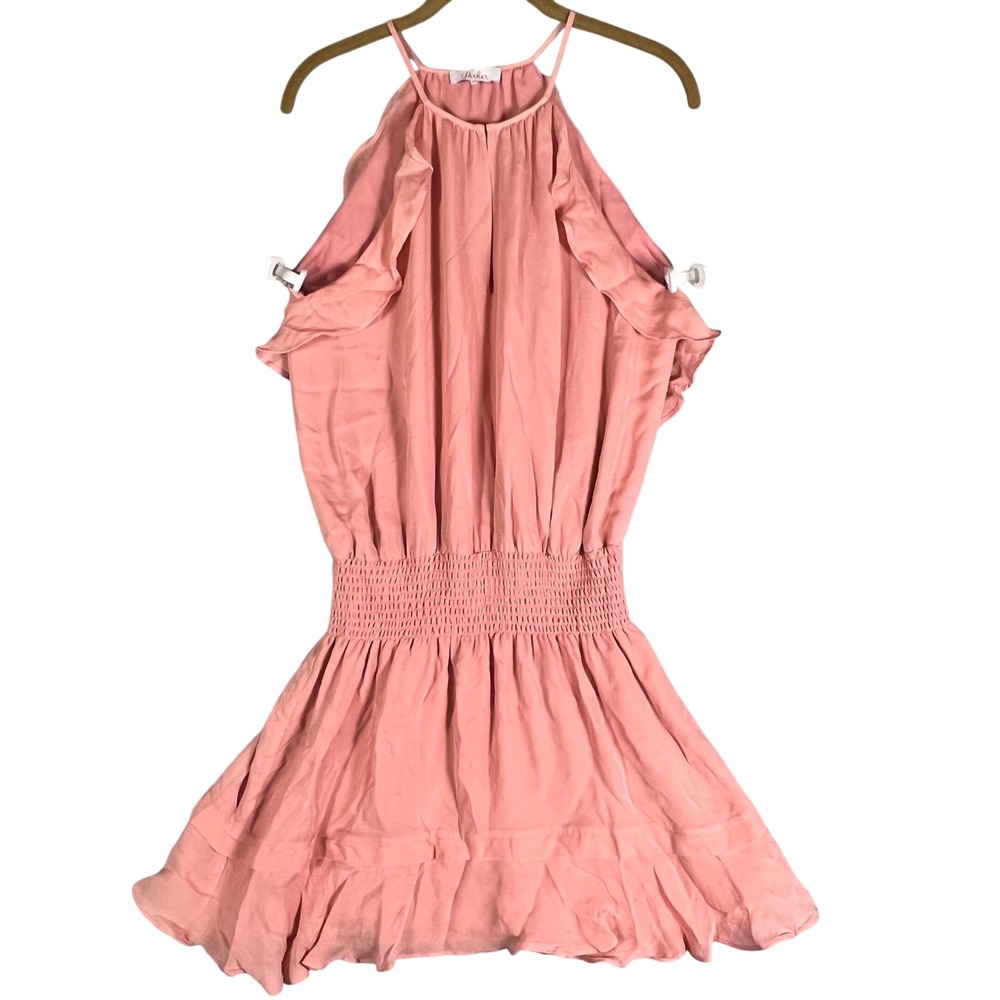 Parker New York M Pink Silk Halter Mini Dress Smocked Waist‎ Ruffle Resortwear